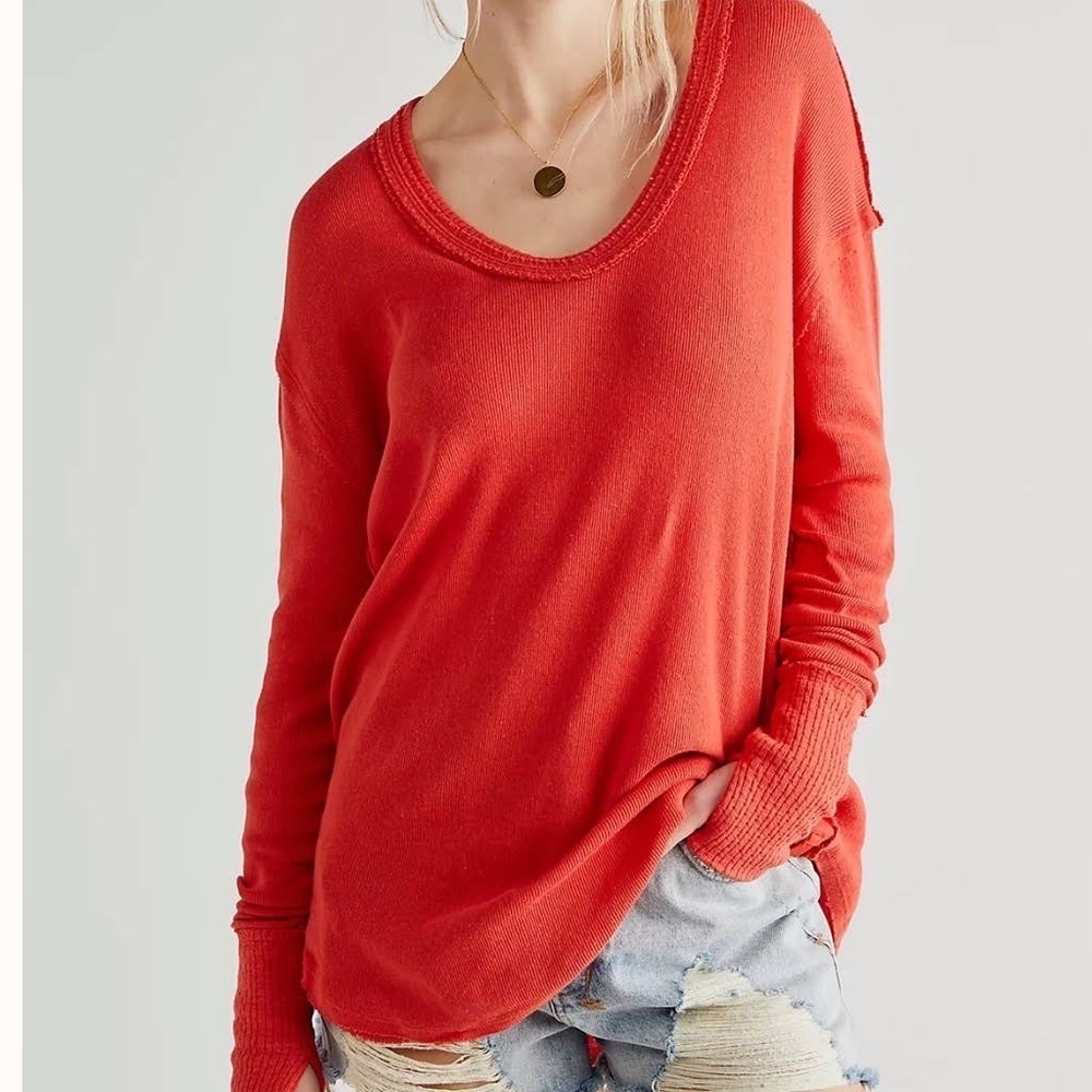 Free People We The Free Waffle Knit Tunic Top Solid Red Oversized Xsmall Women’s